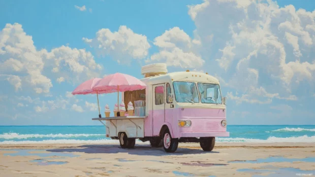 An ice cream truck parked by the shore serves up scoops under pastel umbrellas.