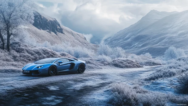 An icy blue Aventador reflects the morning frost on a mountain pass.