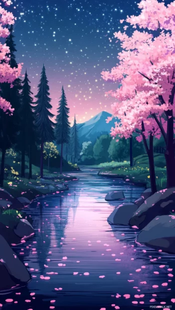An illustrated river reflecting pink stars.