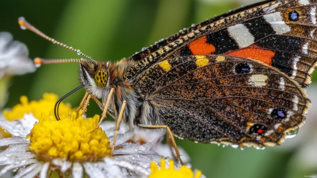 An intricate close up of a butterfly resting on a dewy flower, with vivid details on its delicate wings.