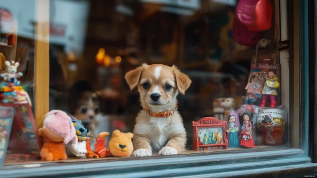 An old fashioned toy shop window with a small puppy watching kids pass by.