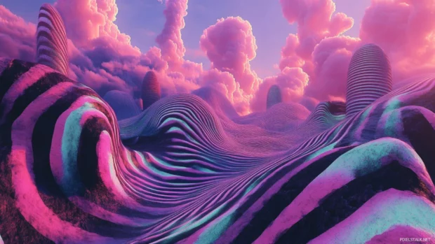 An old school trippy art piece, featuring distorted realities and classic wavy lines, ideal for your desktop.