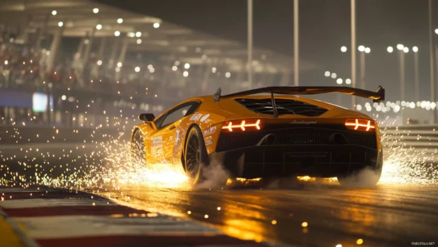 An orange Lamborghini launches forward with sparks flying behind it on a night racetrack.