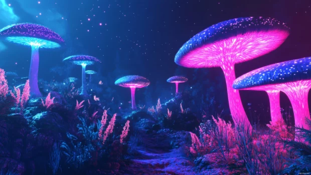 An otherworldly landscape, a trippy HD background with bioluminescent flora and floating islands, dreamlike atmosphere.