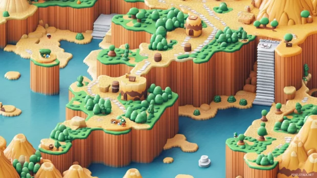 An overhead map reveals Mario Bros journey through forests, seas, and deserts.