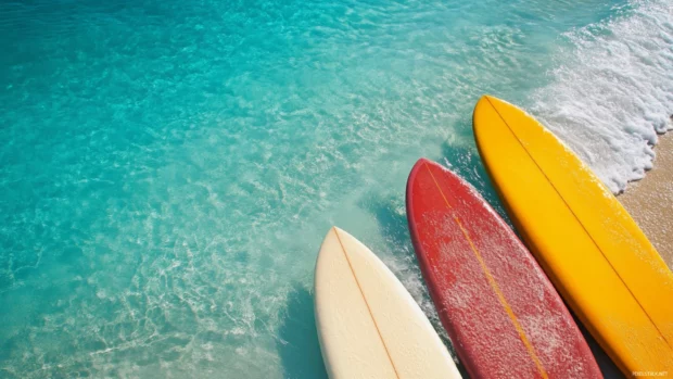 An overhead view of surfboards on a turquoise beach, adding flair for summer desktop wallpaper searchers.