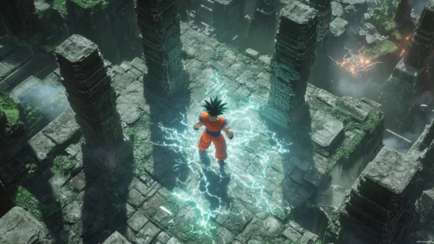 An overhead view shows Goku running across stone pillars glowing with ancient energy.