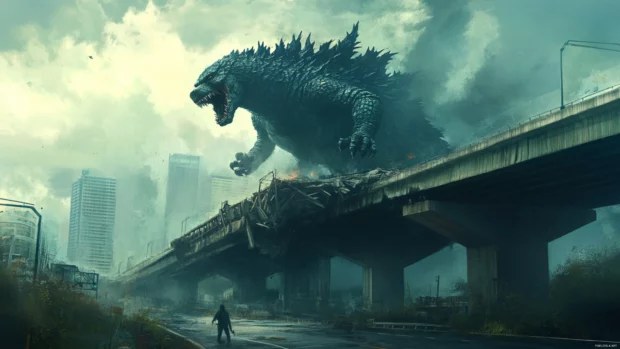 An overpass collapses under Godzillas massive weight mid stride.