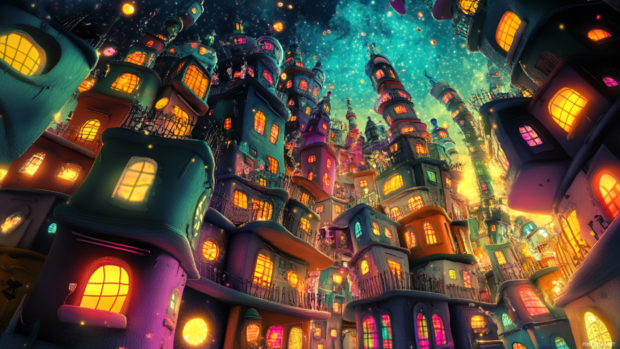 An upside down cartoon trippy town with rubbery buildings and blinking lights.