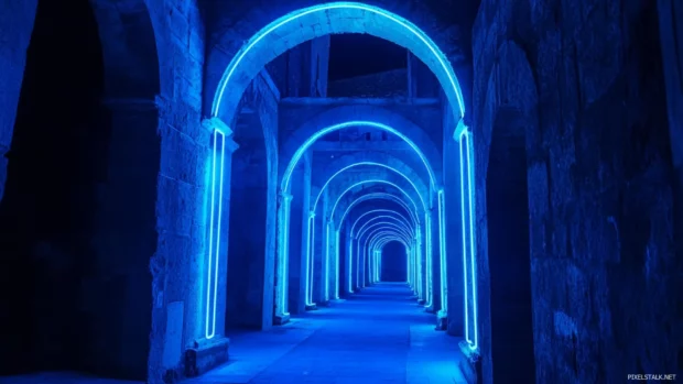 Ancient archways lit with glowing blue neon.