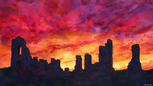 Ancient castle ruins silhouetted by a dramatic watercolor sunset.