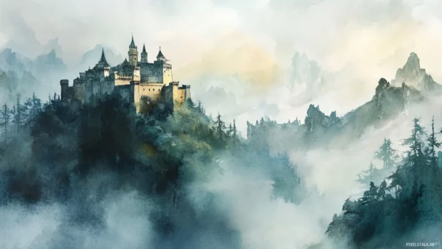 Ancient castles perched high on watercolor misty hills.