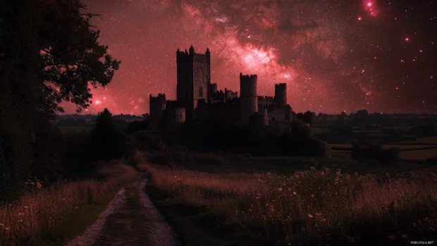 Ancient castles veiled by soft red starlight.