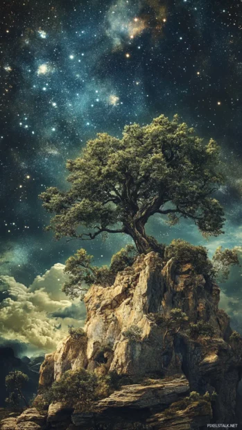 Ancient forests asleep under a sky painted with stardust capturing the spirit of dreamy starry sky background.