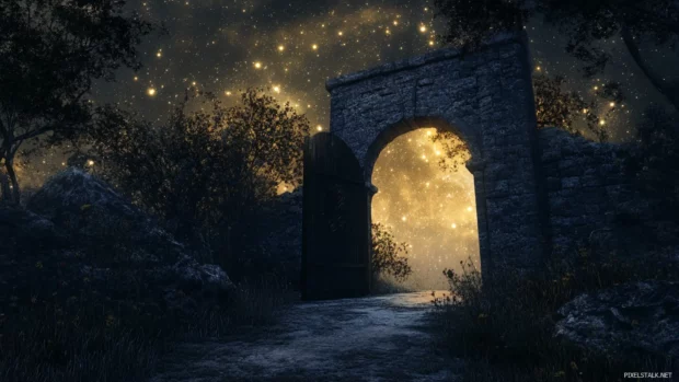 Ancient gates glowing with secret starlight.
