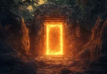 Ancient gateway radiating deep neon cracks.