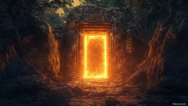 Ancient gateway radiating deep neon cracks.
