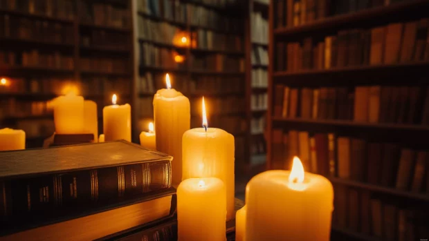 Ancient library interior lit by candles.