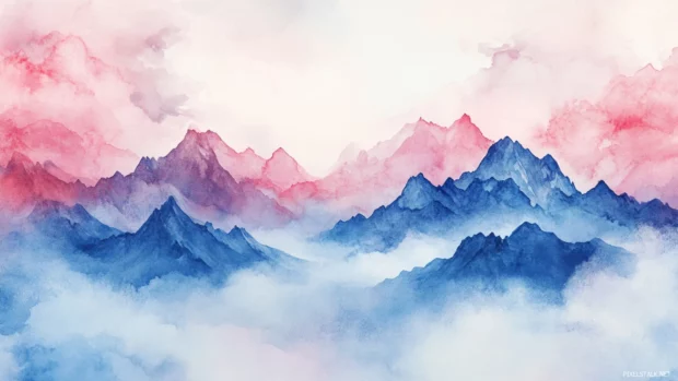 Ancient mountains rising through soft watercolor clouds, a stunning choice for watercolor desktop wallpaper with mountains.
