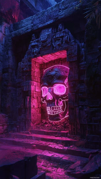 Ancient neon skull altar glowing in ruins.