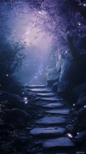 Ancient paths winding into starlit lilac forests.
