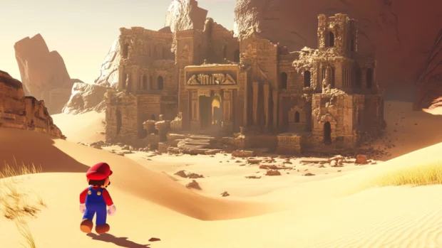 Ancient ruins buried in desert sands come alive as Mario steps onto a sunlit switch.