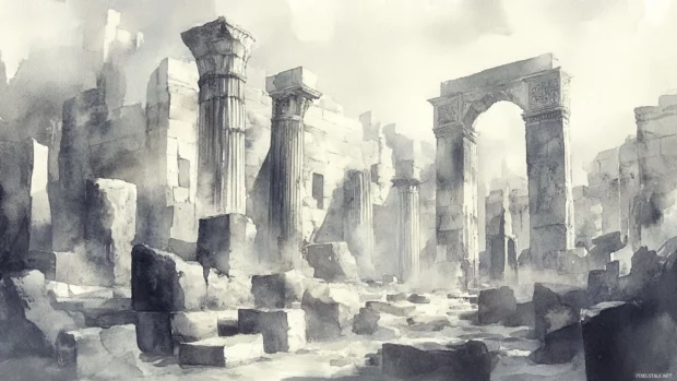 Ancient ruins depicted in soft gray watercolor tones, evoking a sense of history.