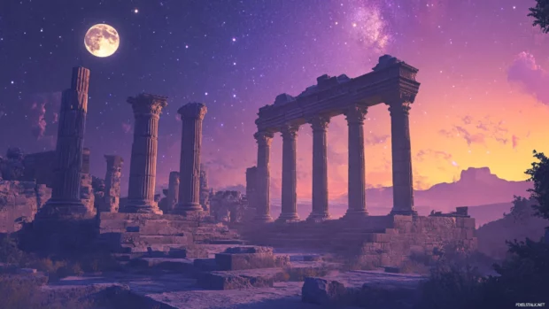 Ancient ruins fading into a warm starry dusk.