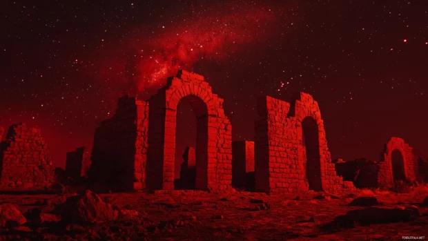 Ancient ruins glowing under red neon constellations.