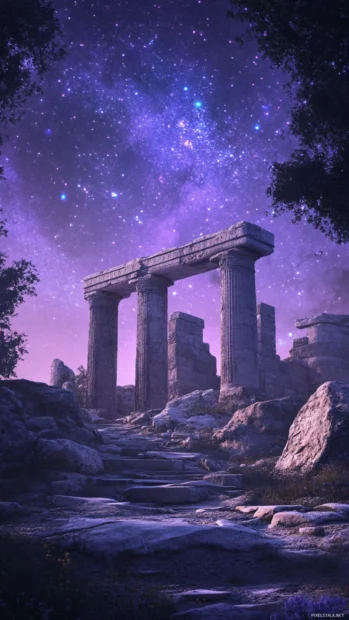 Ancient ruins glowing under subtle purple skies, evoking the wonder of deep space purple starscape wallpaper.