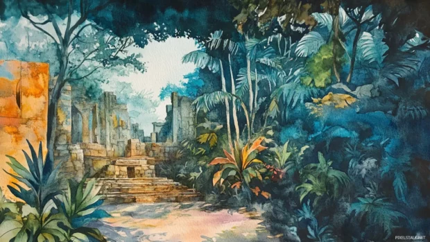 Ancient ruins hidden in lush watercolor jungles.