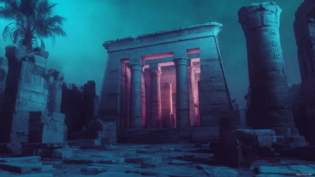 Ancient ruins outlined with faint neon glow.