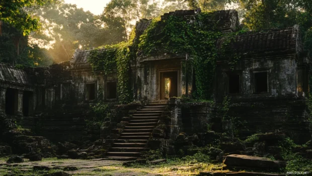 Ancient ruins overgrown with jungle vines, soft lighting from golden hour.