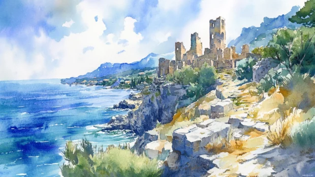 Ancient ruins overlooking a rugged watercolor coastline.