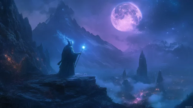 Ancient sorcerer casting spells beneath a moonlit sky, a stunning 4K fantasy wallpaper for PC.