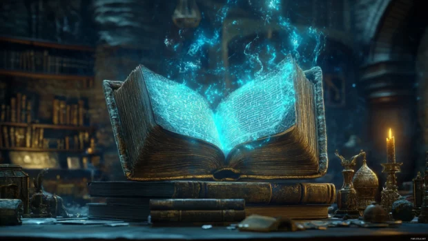 Ancient spellbook hovering above a wizards desk of relics.