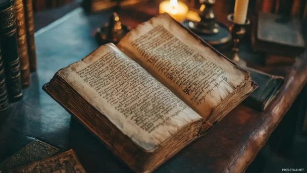 Ancient spellbook open on a candlelit desk.