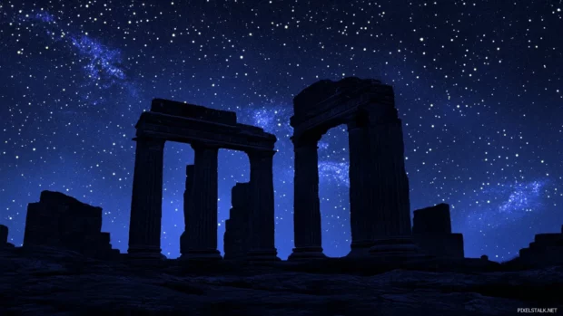 Ancient stone ruins silhouetted by stars.