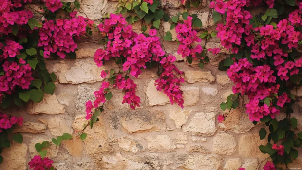 Ancient stone wall covered in wild Pretty Flower vines.