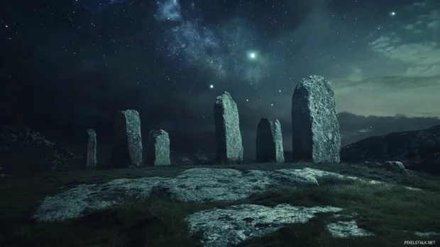 Ancient stones pulsing with distant starlight.