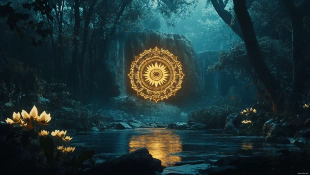 Ancient symbols glowing in a dark, mysterious forest, a spiritual Vintage Trippy Desktop Wallpaper.