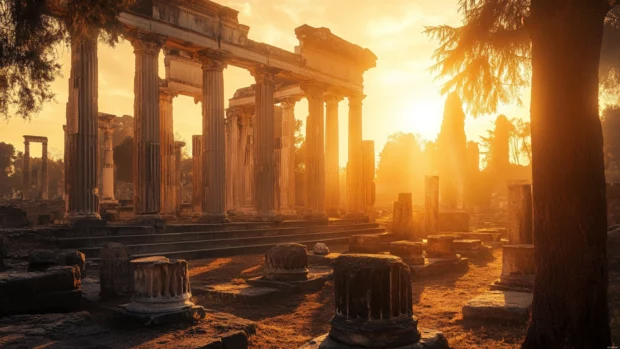 Ancient temple ruins in warm sunlight for premium 8K wallpapers for PC.