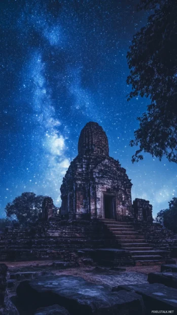 Ancient temples under endless blue stars.