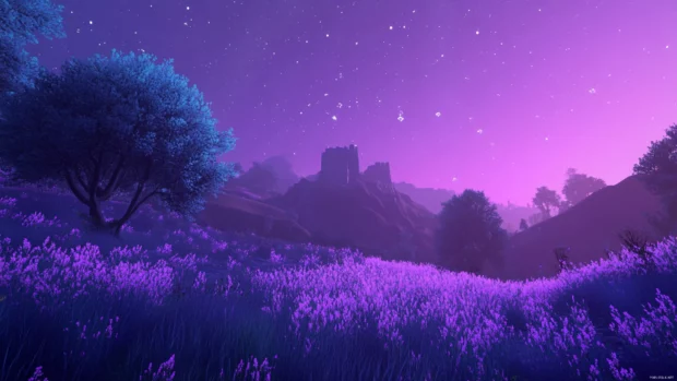 Ancient towers glowing under starry lilac nights.