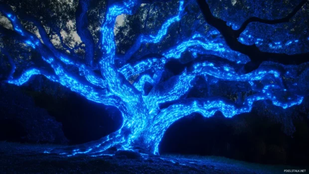 Ancient tree glowing with swirling blue neon patterns.