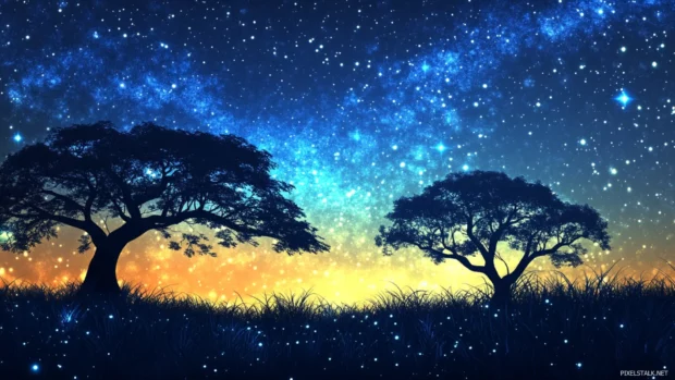 Ancient trees silhouetted against a field of sparkling stars, capturing the magic of starry night sky wallpaper for iphone.