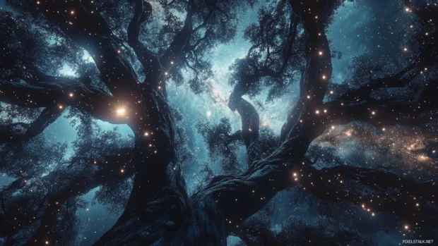 Ancient trees wrapped in webs of silver stars, reflecting the beauty of deep space starscape background.