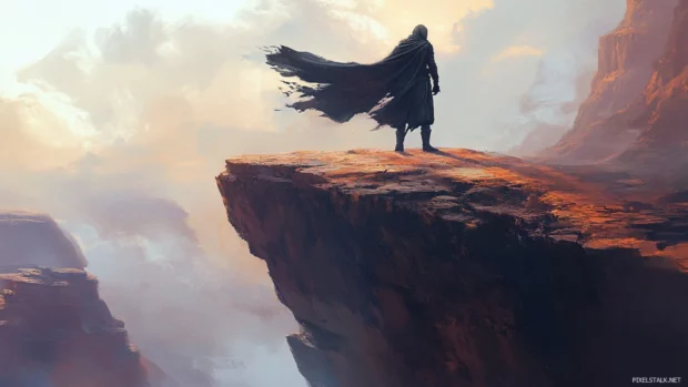 Ancient warrior standing atop a cliff with wind flowing through cape.