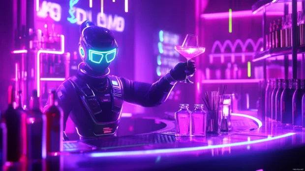 Android bartender serving glowing cocktails in a neon nightclub.