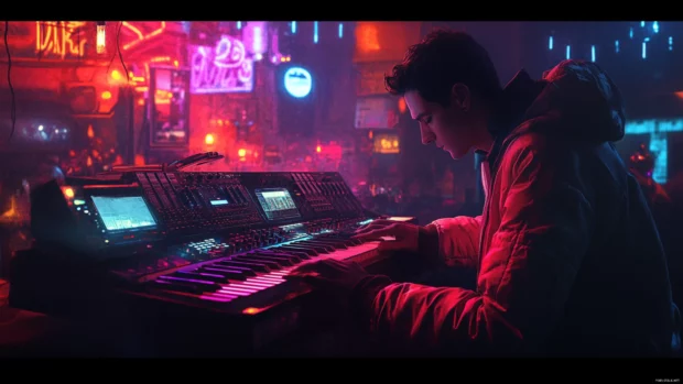Android musician playing synth in a moody bar.